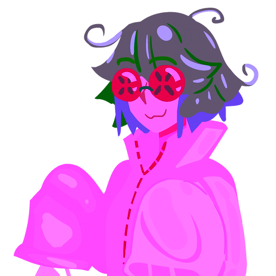 A figure with purple hair, big round red goggles, and a white trenchcoat, smiling.